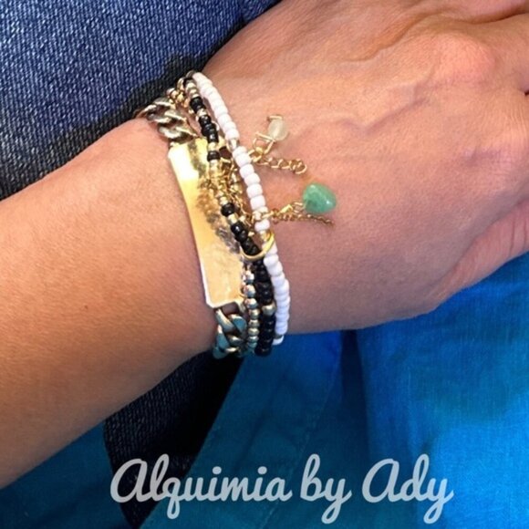 Confetti gemstone beaded bohemian bracelet stack aventurine chain fringe - Picture 1 of 1
